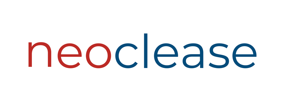 Redesigned Neoclease logo: a clean wordmark in the same navy and red with no DNA element, so the name reads clearly.