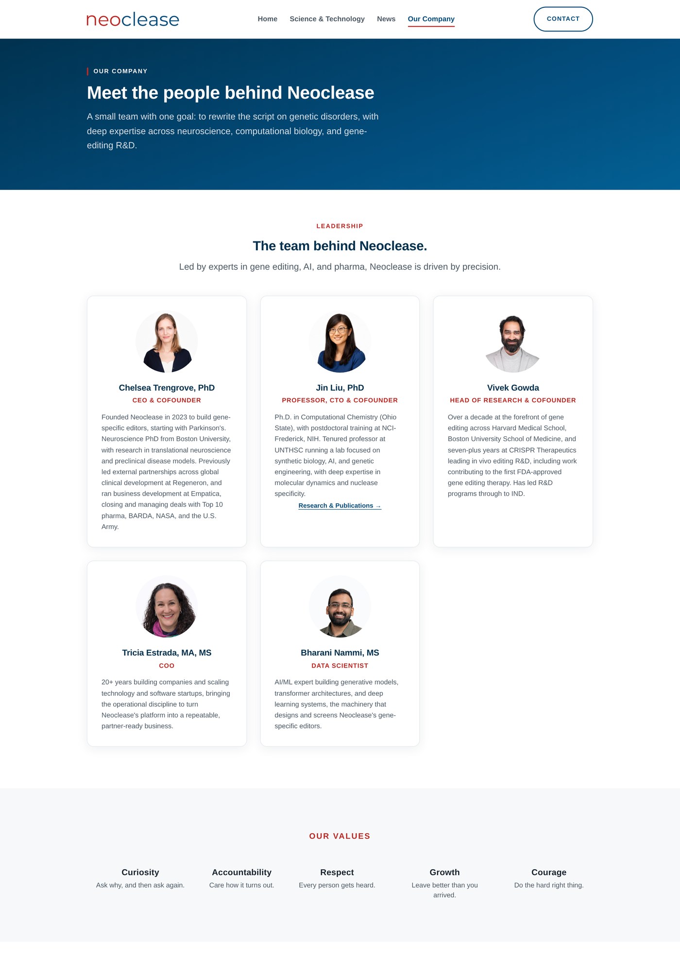 Redesigned Our Company page: About and Team consolidated into one page with values up top and a consistent leadership grid.