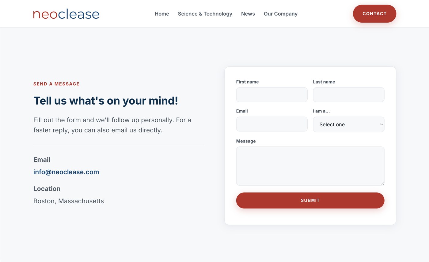 Redesigned Neoclease contact page: a Contact button emphasized in bold red at the top right of the navigation, alongside a simple message form and direct email.