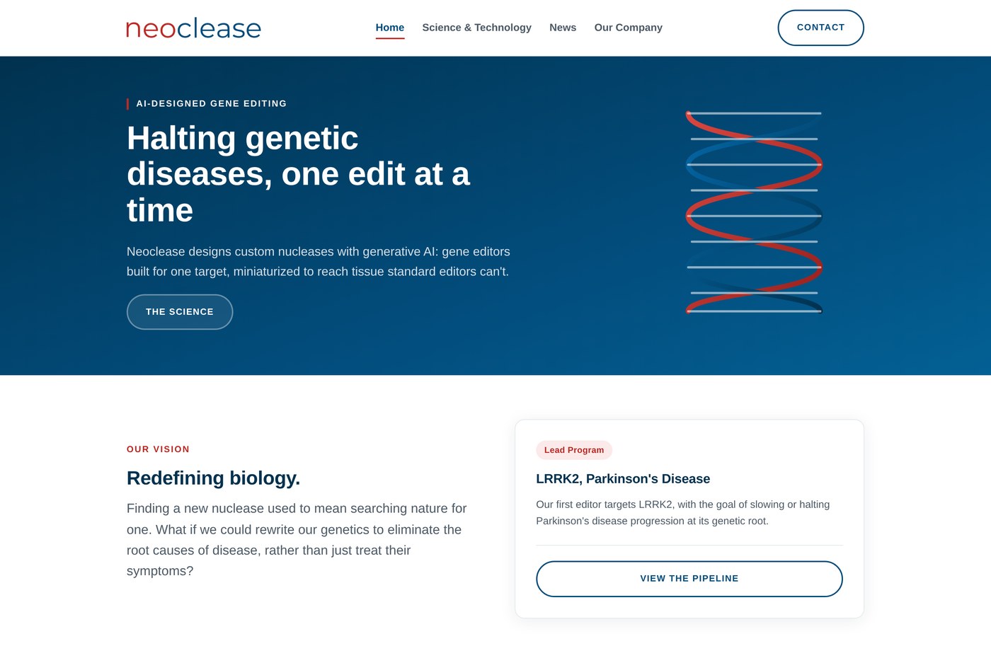 Redesigned Neoclease homepage: a benefit-led promise headline with the LRRK2 / Parkinson's lead program surfaced as a card above the fold.