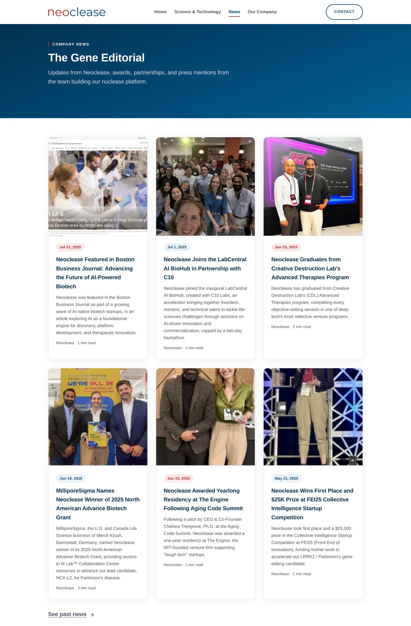 Redesigned News section: a branded six-newest card grid with dates and a 'See past news' archive link.