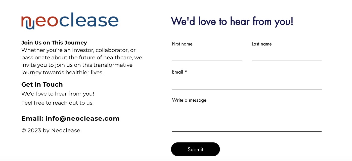 Old Neoclease contact area: a form tucked into the footer at the very bottom of the page, with no Contact link anywhere in the navigation.