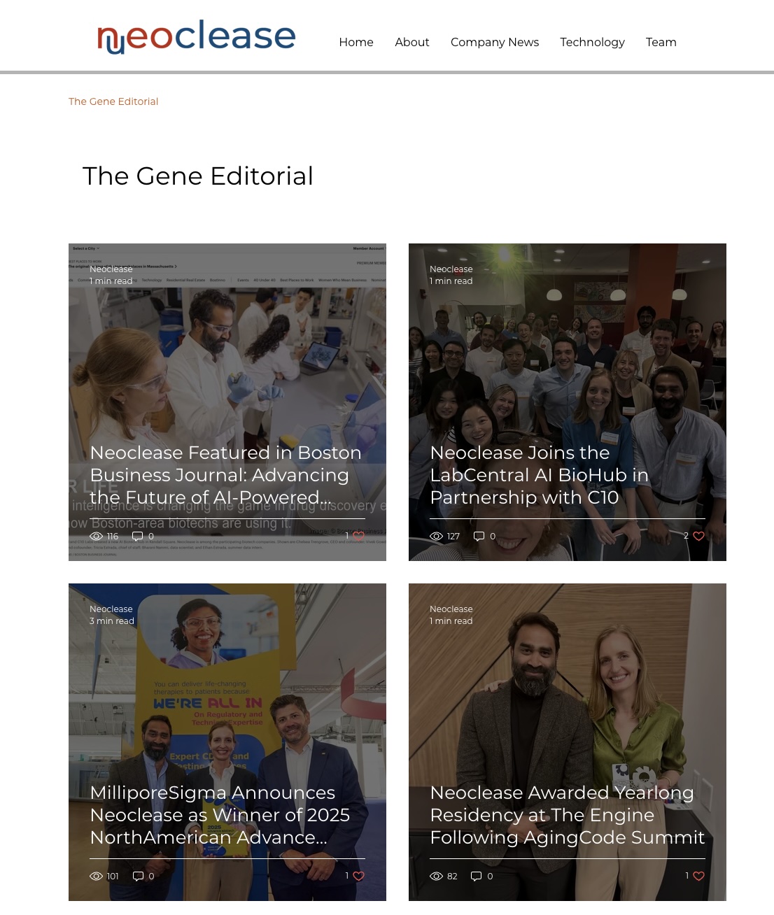 Old Neoclease blog: the company's grants, prizes and press sitting in a plain default Wix blog, disconnected from the homepage.
