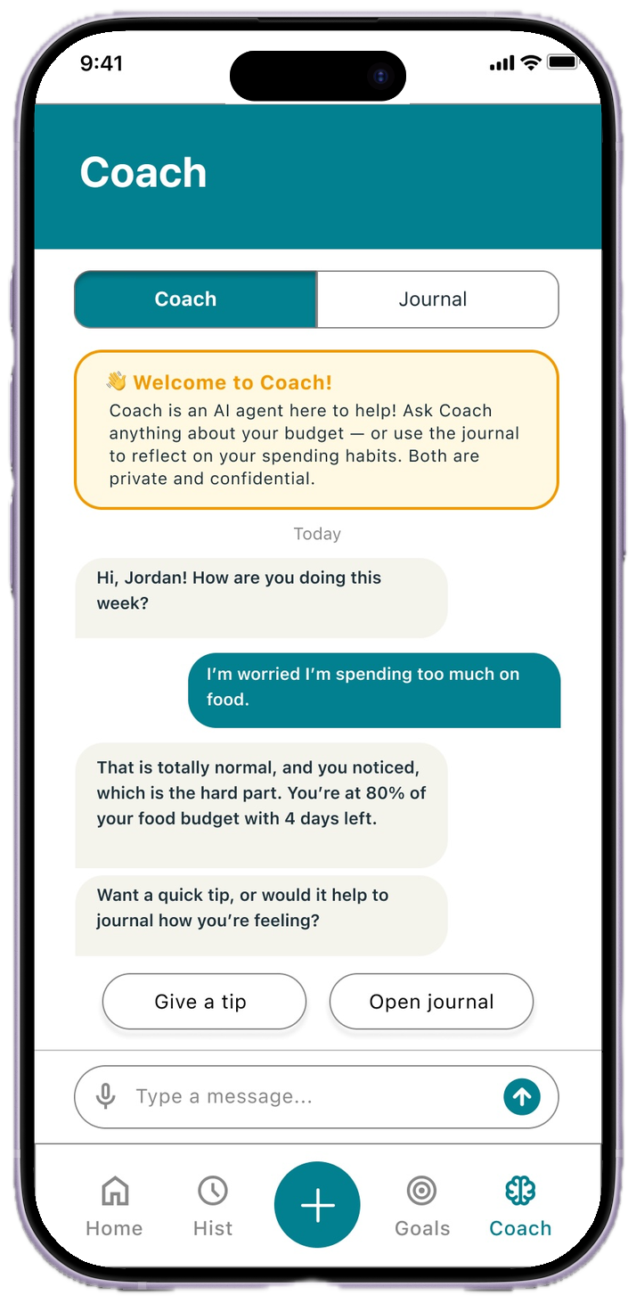 Before: BFF Coach screen with an orange welcome box