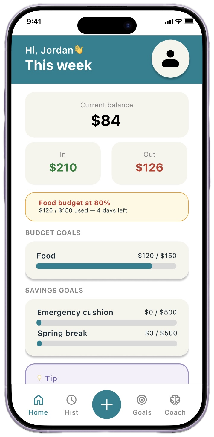 BFF budgeting app home screen