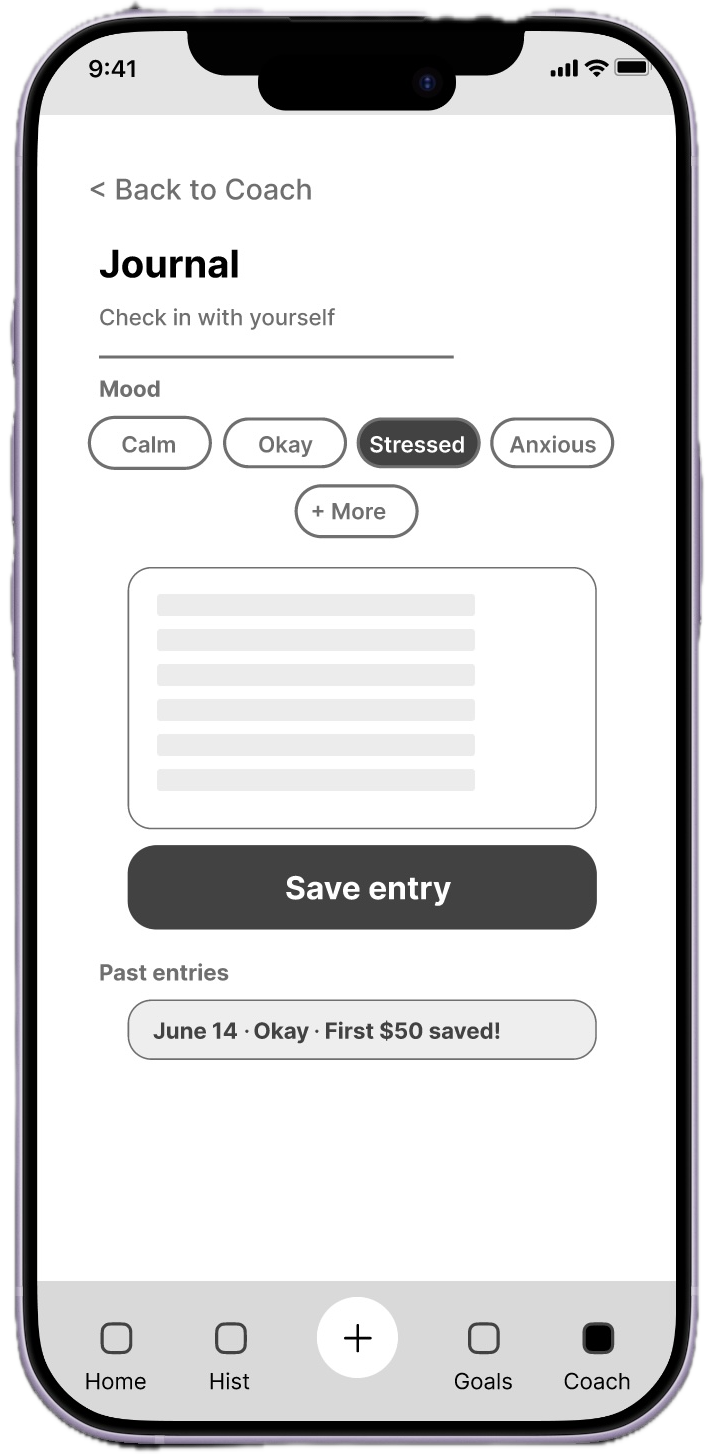 Lo-fi wireframe of the BFF journal screen