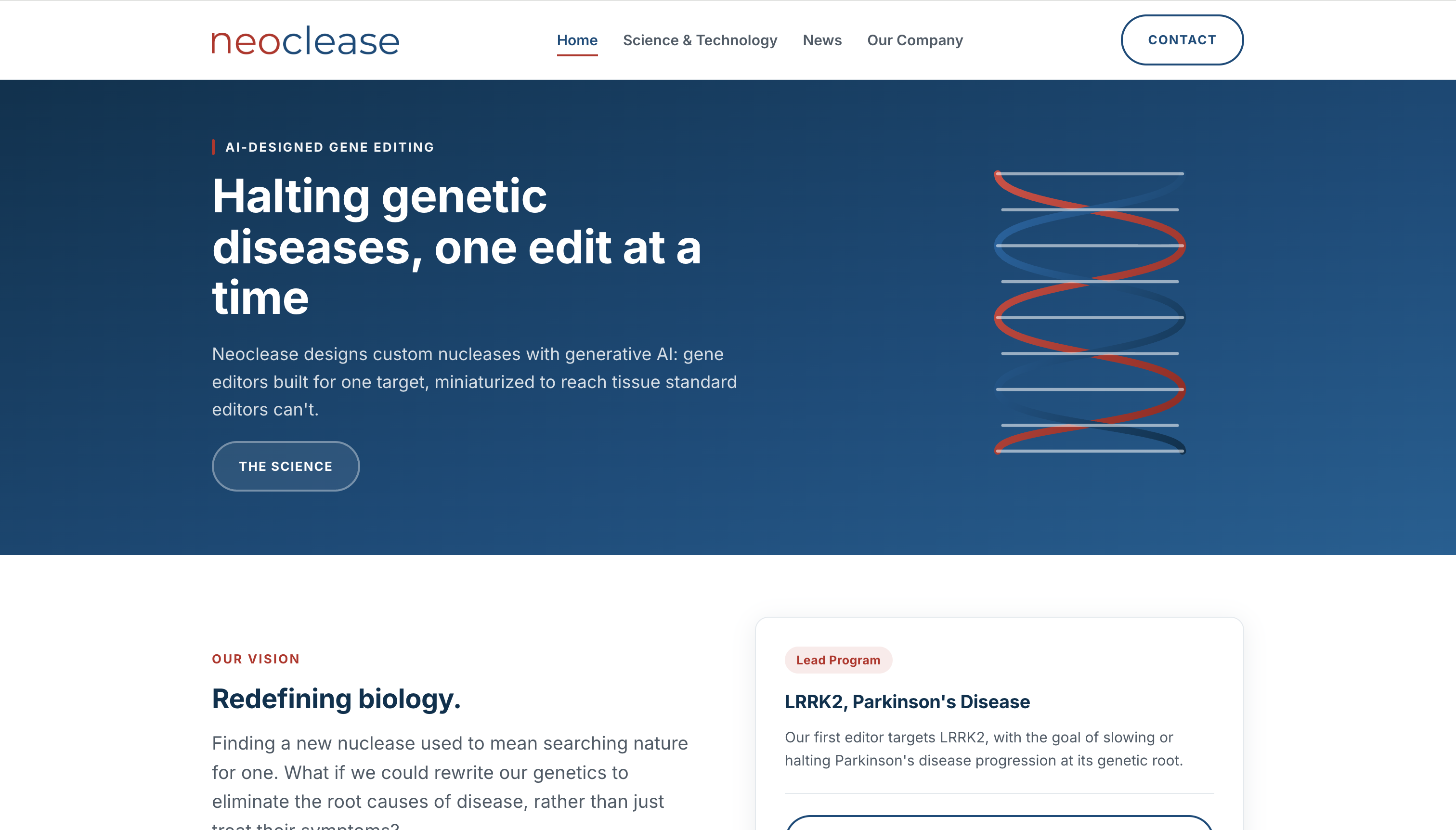 Neoclease redesigned homepage, Halting genetic diseases, one edit at a time