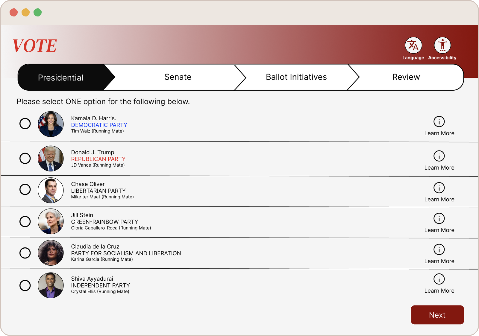 Voting interface — presidential ballot screen