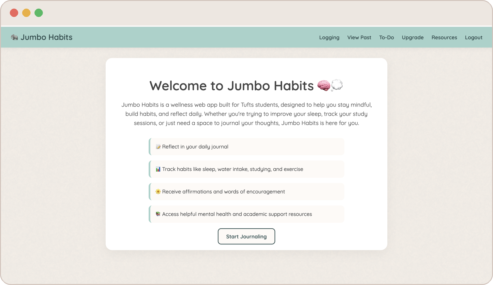 Jumbo Habits web app welcome screen